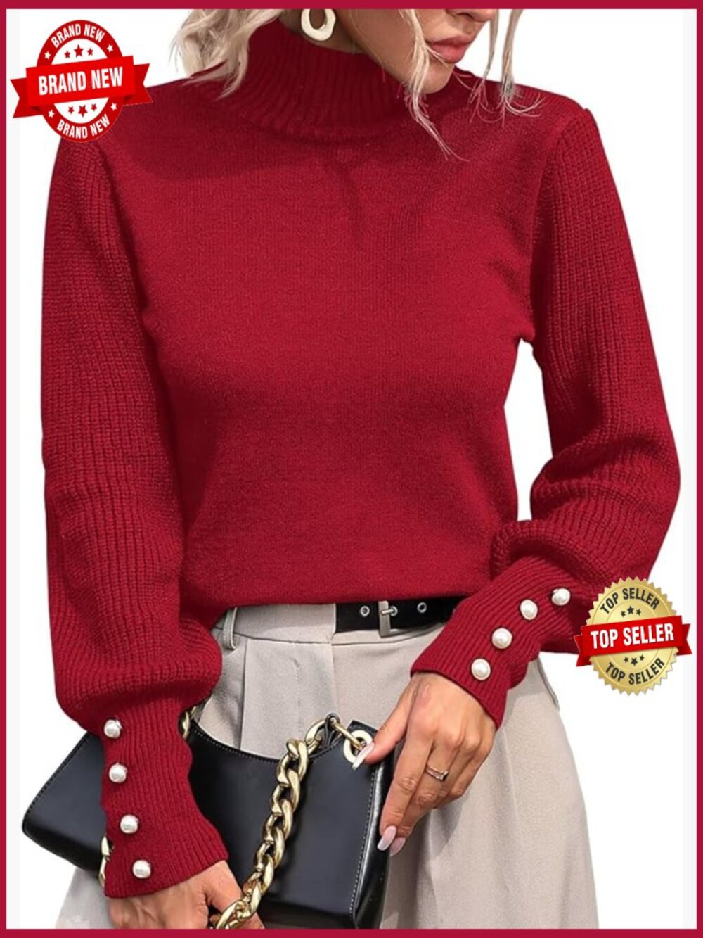 Turtleneck Lantern Sleeve Knitted Pullover Sweater Jumper
